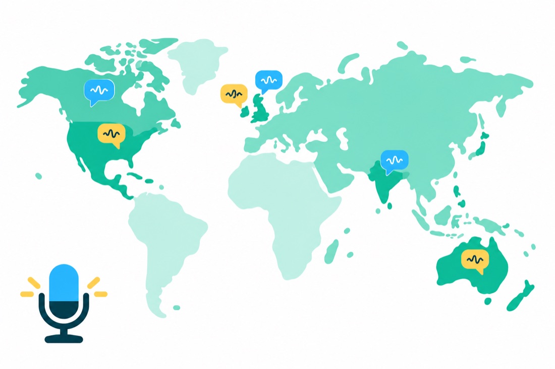 Flat world map with speech bubbles over the US, Canada, the UK, Ireland, India and Australia